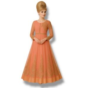 Vintage 60s Dress Silk Gold Gown Sheer‎ Formal Peach Orange Floor Length Size M